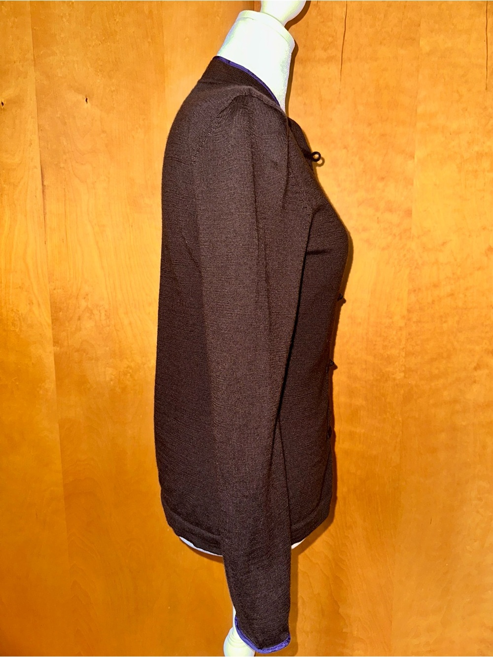 Shanghai Tang Brown Knit Mandarin Collar Cardigan with Purple Trim 100% Wool - Picture 2 of 8